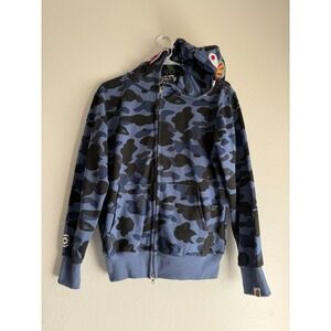 A Bathing Ape Bape Camo Shark Navy Blue Full Zip Hoodie Size Small NWT